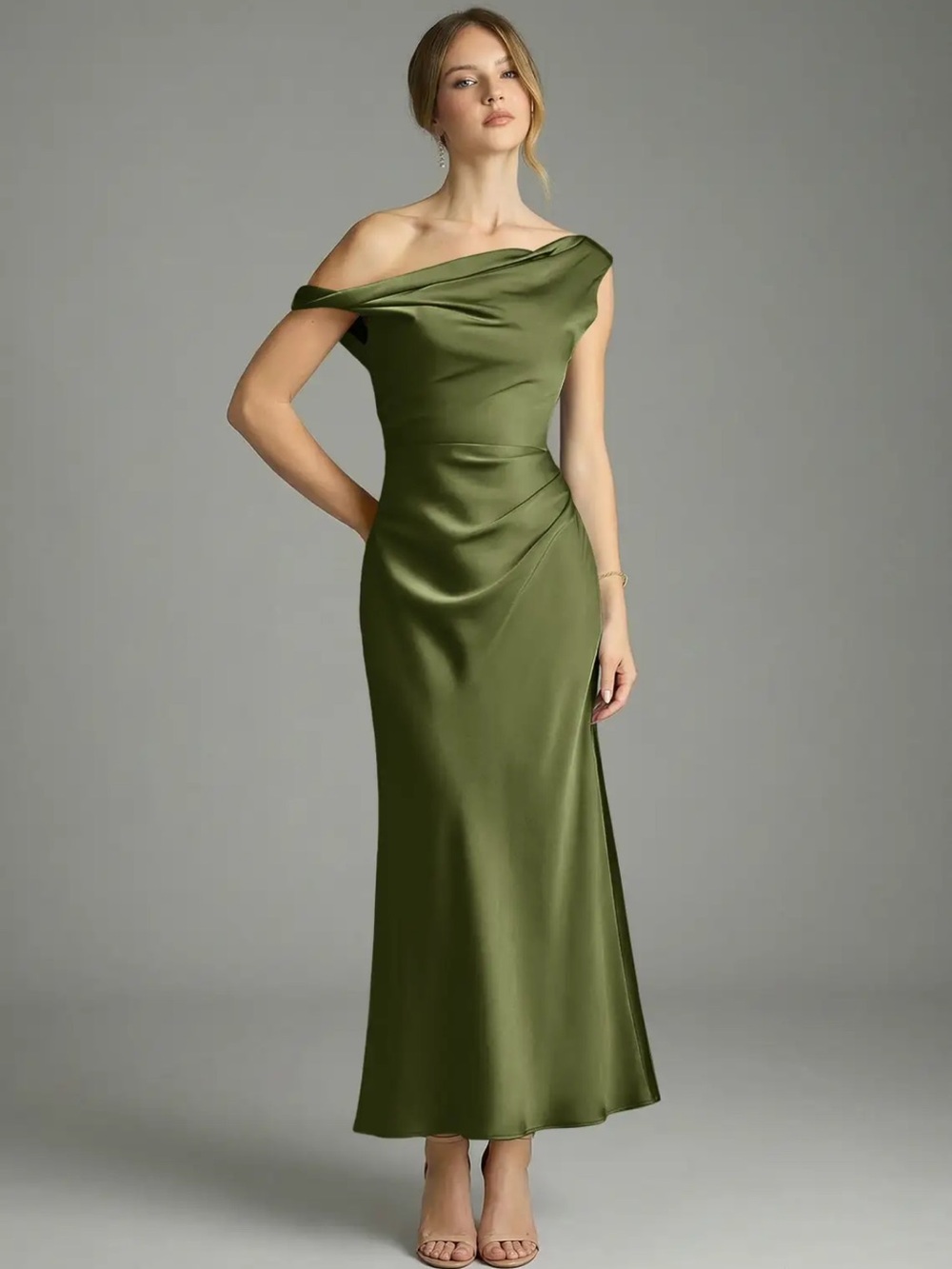 Azazie One-Shoulder Olive Satin Evening Gown